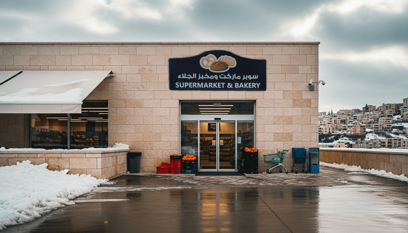 Local supermarket and bakery in Majdal Shams, Golan Heights covered in snow during winter