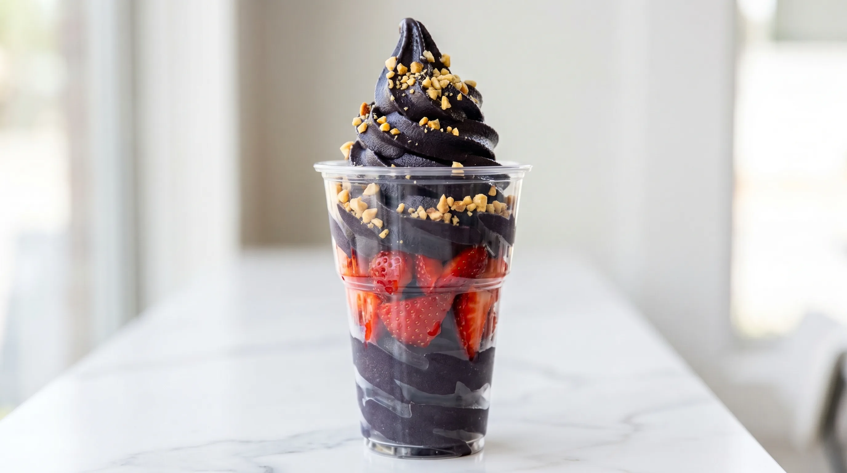Chocolate ice cream with nuts and strawberries in a dessert cup