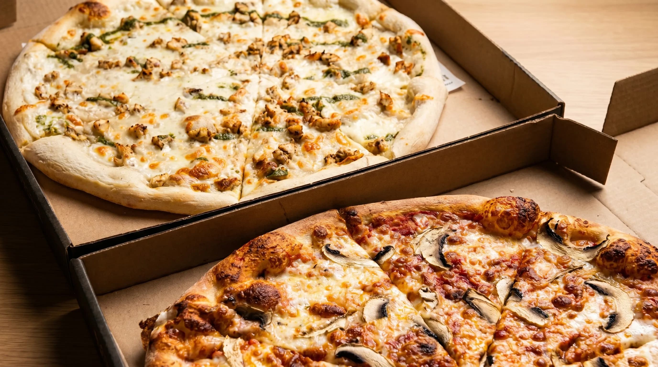 Two freshly baked pizzas with different toppings in boxes
