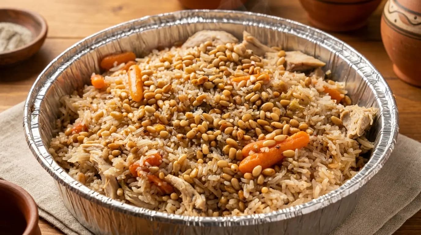 Traditional rice and chicken dish topped with pine nuts at Sohela Kitchen