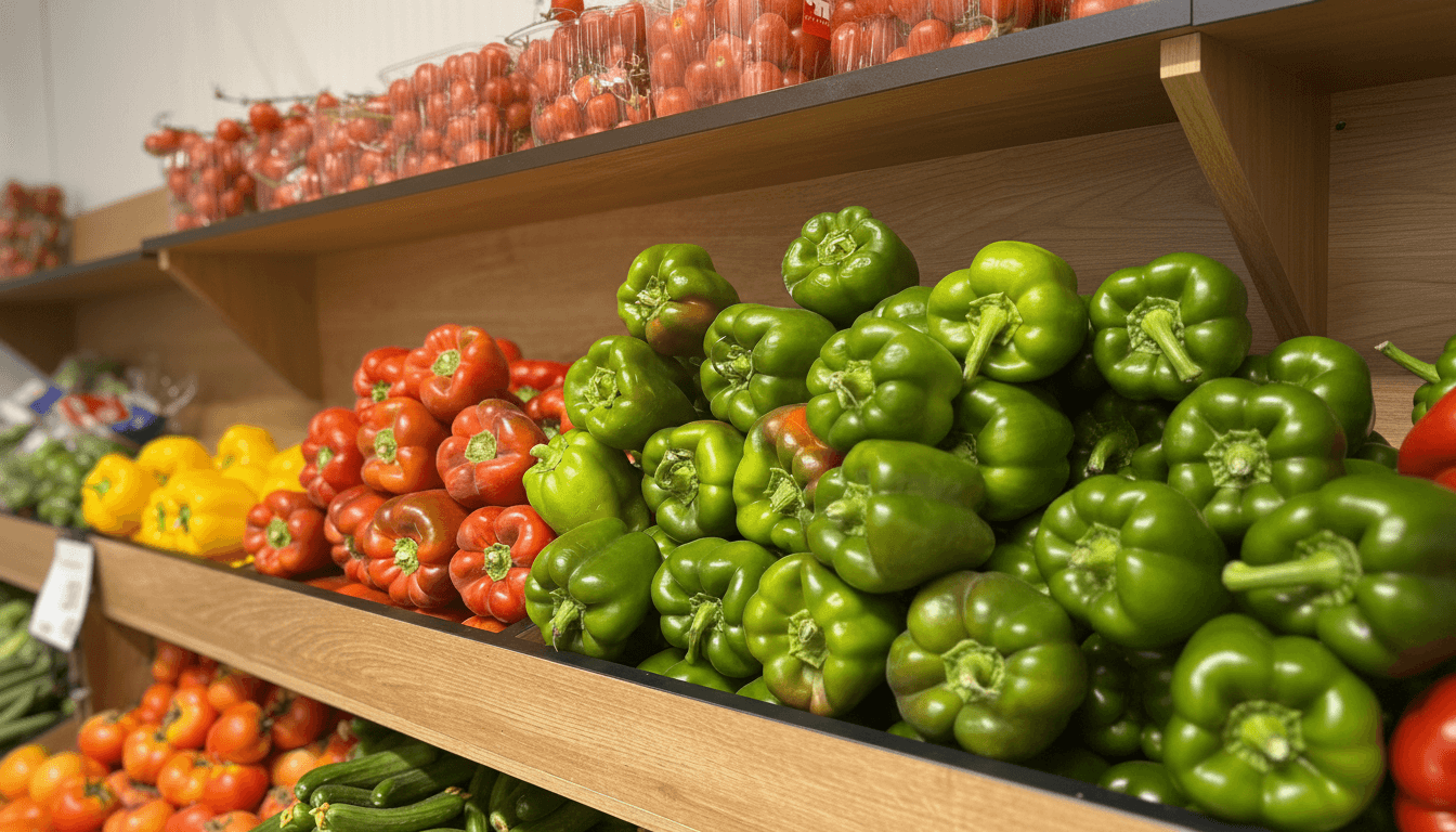 Fresh bell peppers displayed in a local market in Majdal Shams, Golan Heights