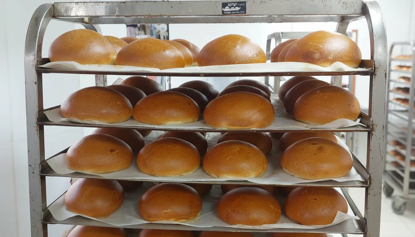 Freshly baked bread loaves cooling on racks inside a local bakery in Majdal Shams”