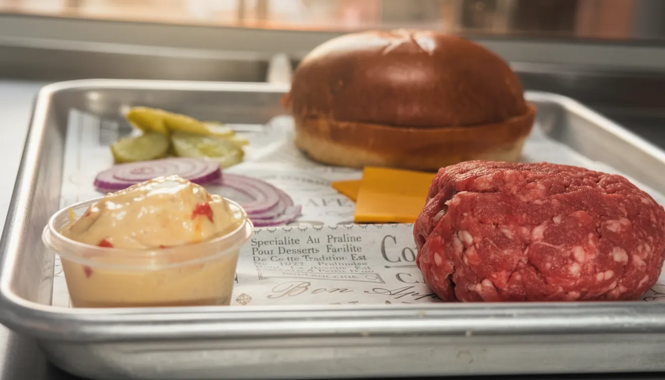 Fresh burger ingredients with raw beef, cheese, pickles, and bun ready for cooking