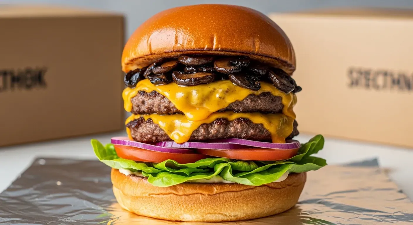 Double cheeseburger with mushrooms, melted cheese, and fresh vegetables