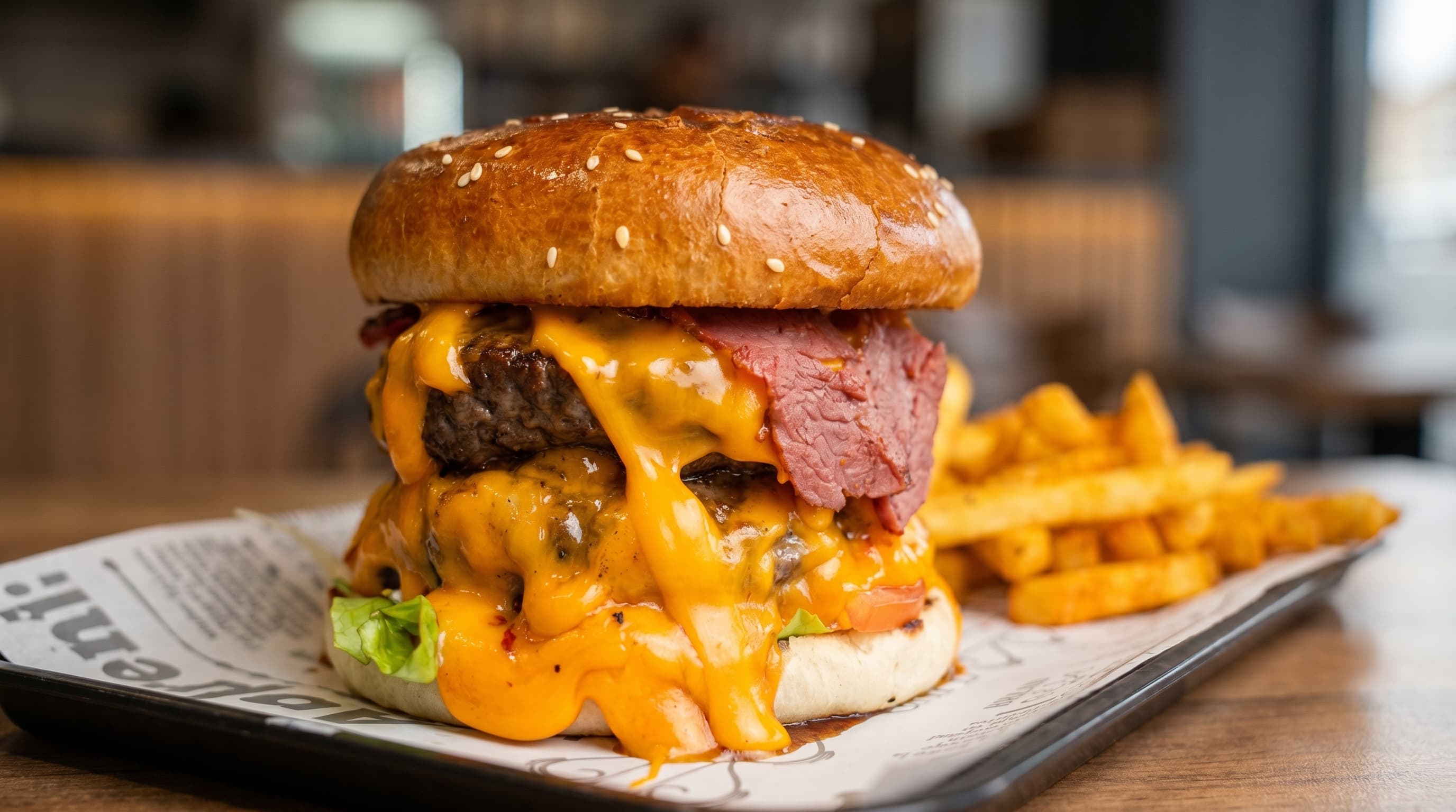Juicy cheeseburger with melted cheese and fries served on a tray