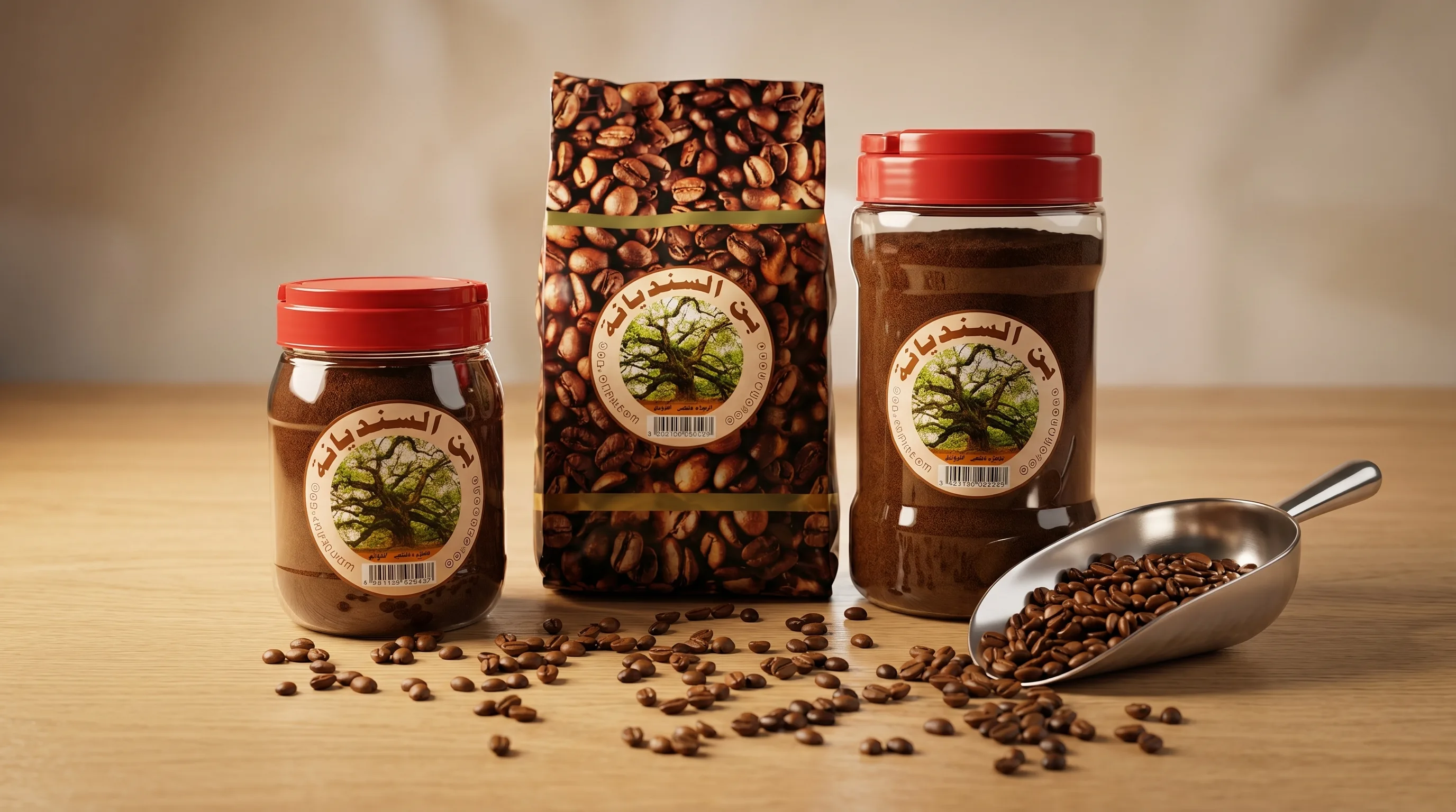 Packaged ground coffee and coffee beans displayed with jars and scoop