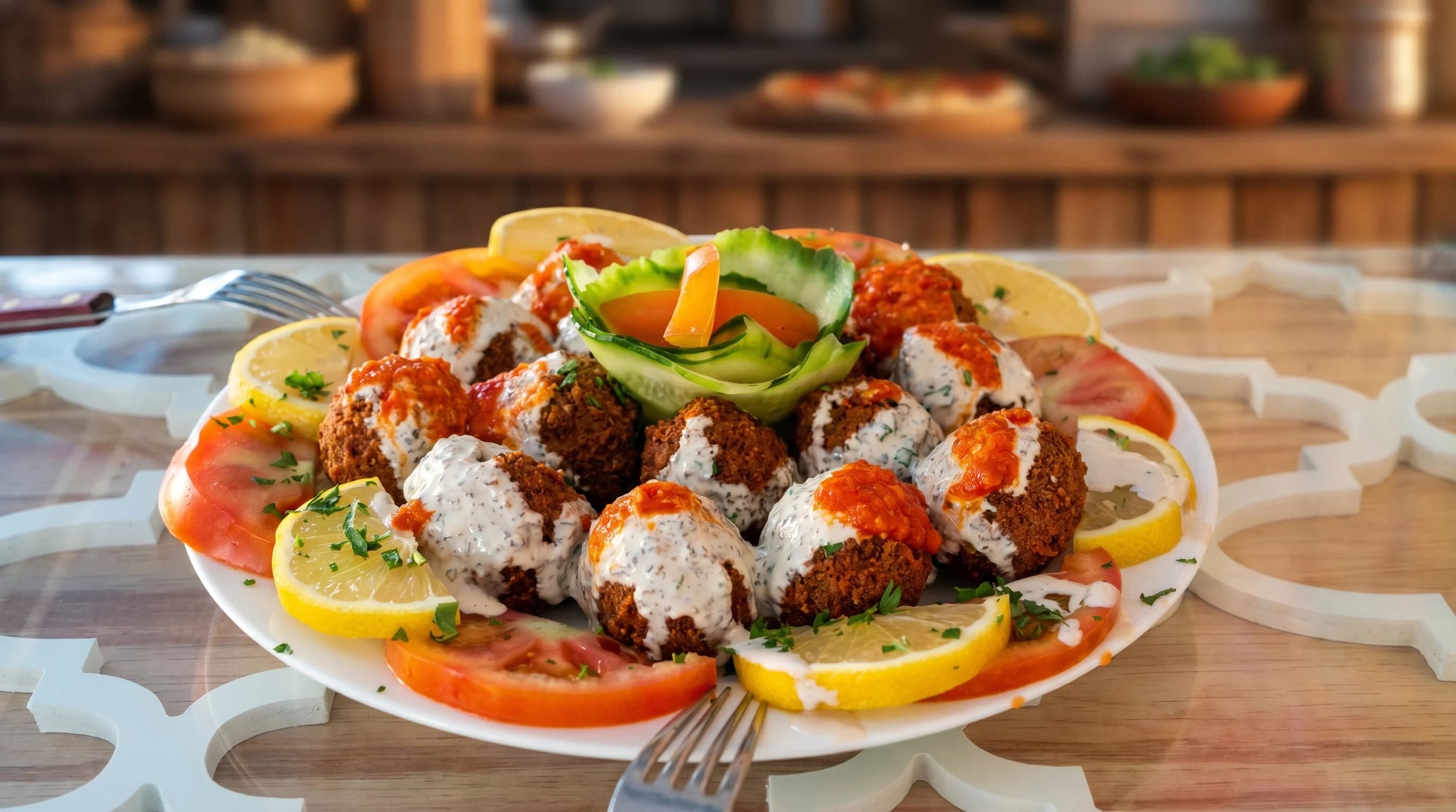 Falafel balls served with vegetables, tahini, and sauce