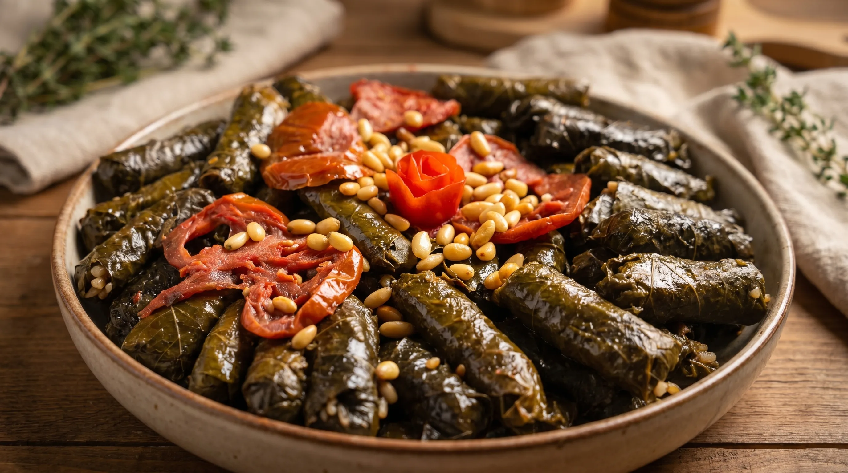 Stuffed grape leaves served with tomatoes and pine nuts