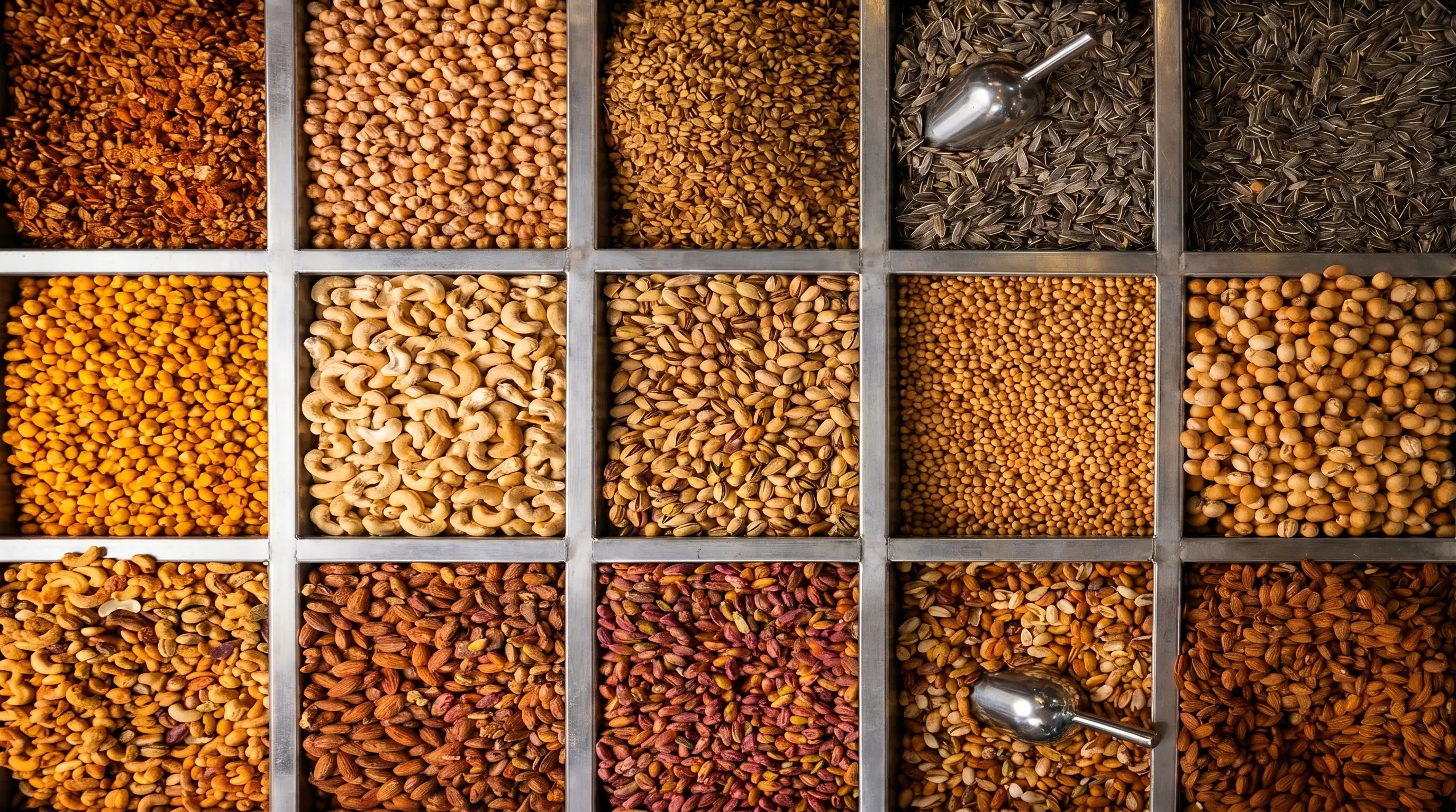 Assorted spices and seeds displayed in bulk compartments