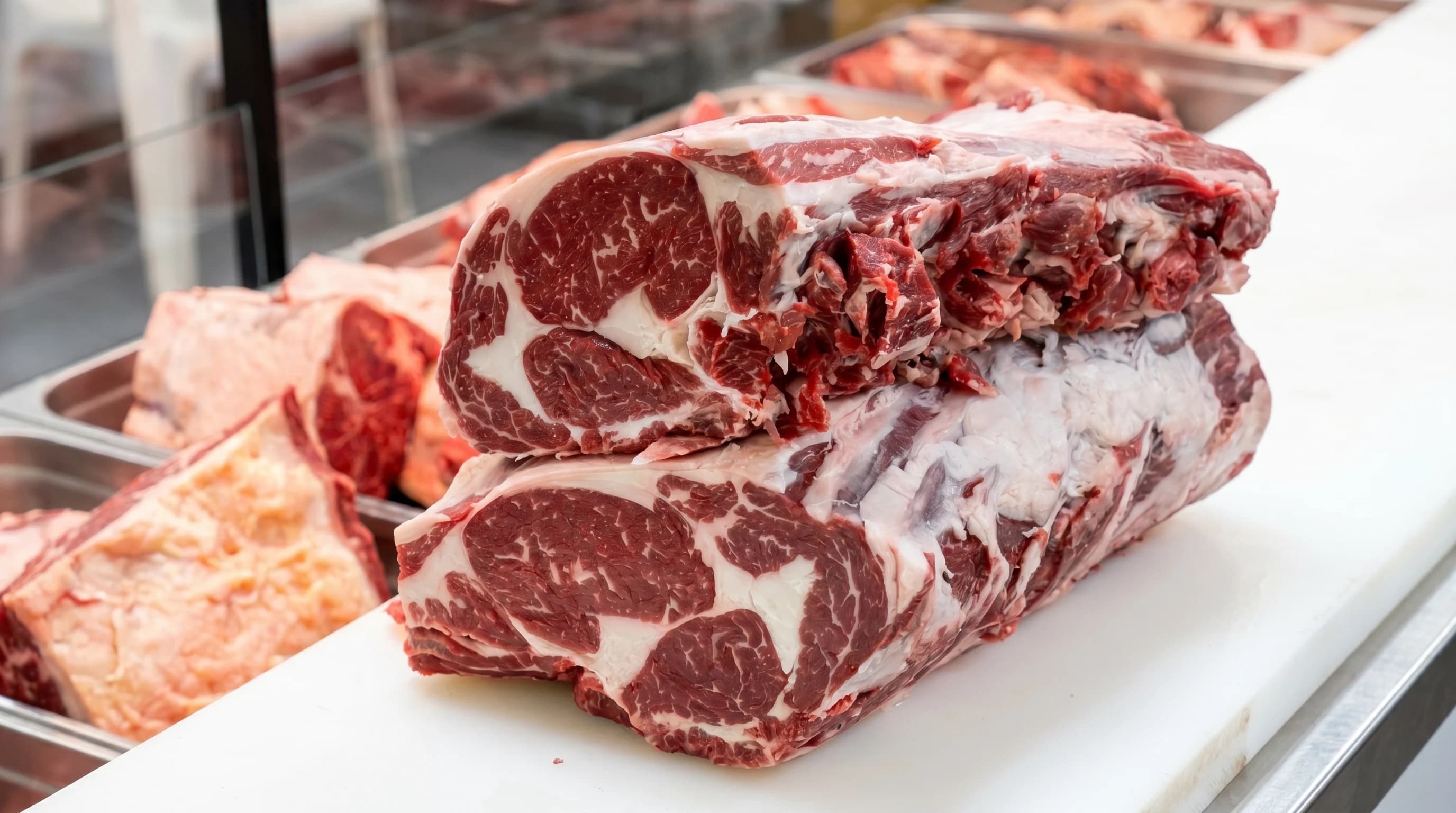 Large fresh meat cuts displayed in a butcher shop counter