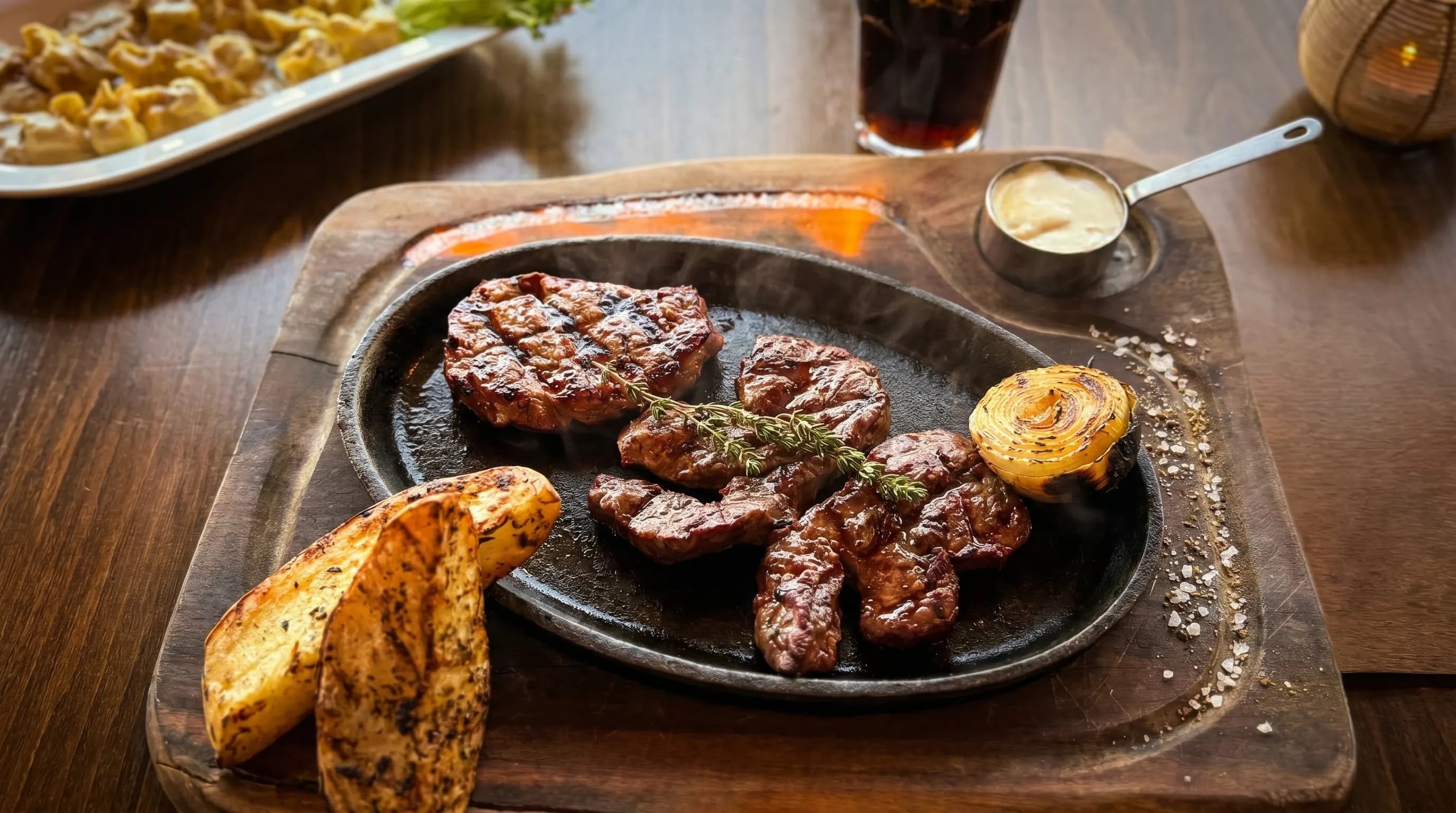 Grilled steak served on a hot plate with potatoes and sauce