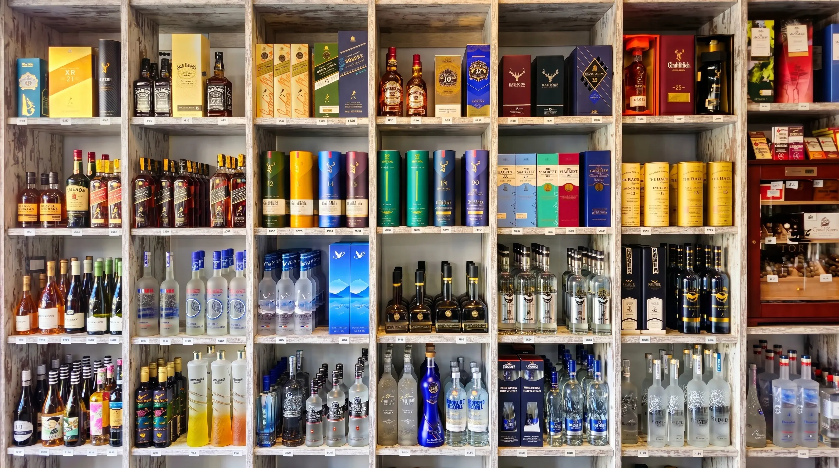 Shelves filled with bottles of liquor, wine, and spirits