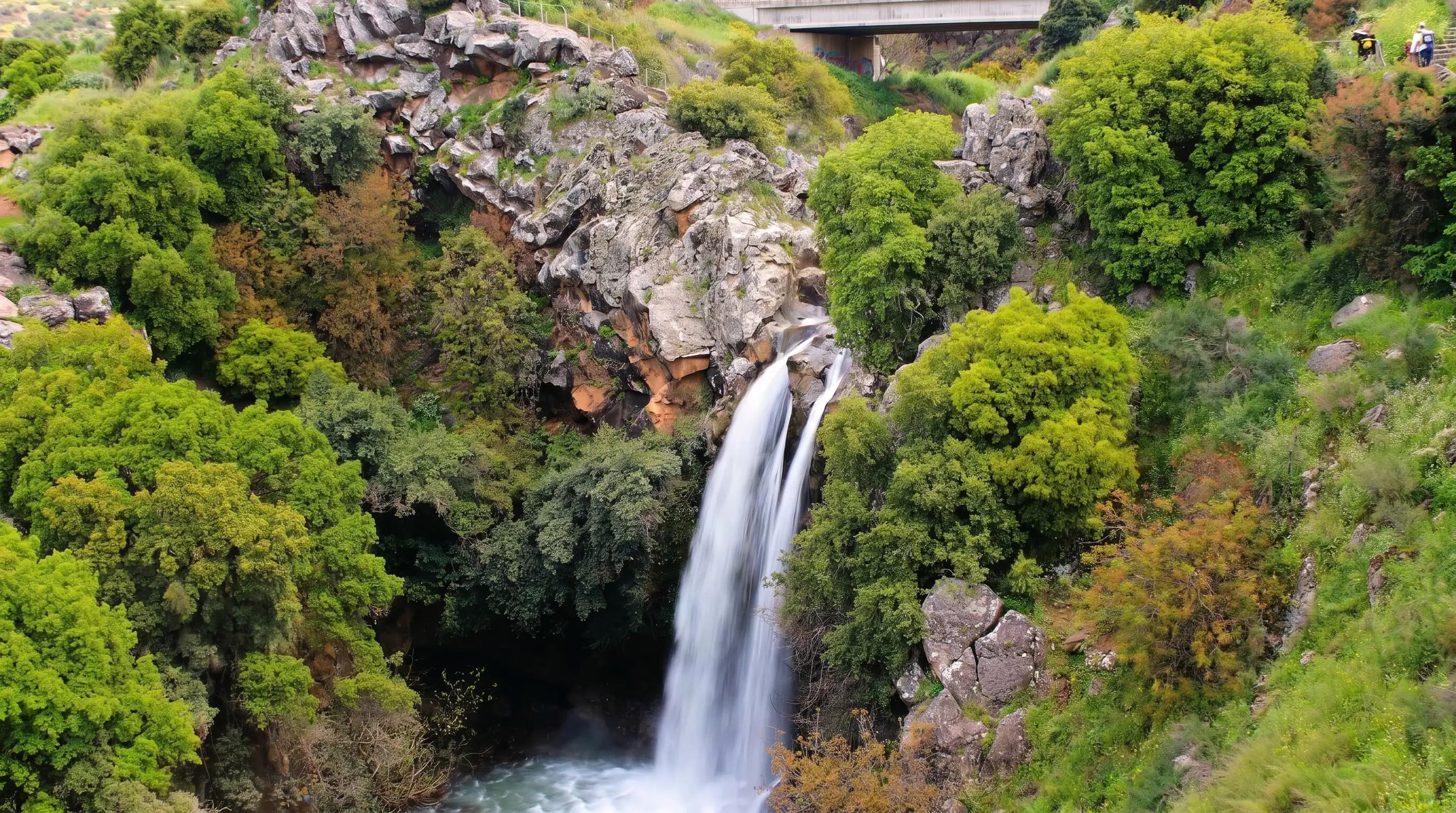 Waterfall at Nahal Sa’ar with bridge and green landscape
