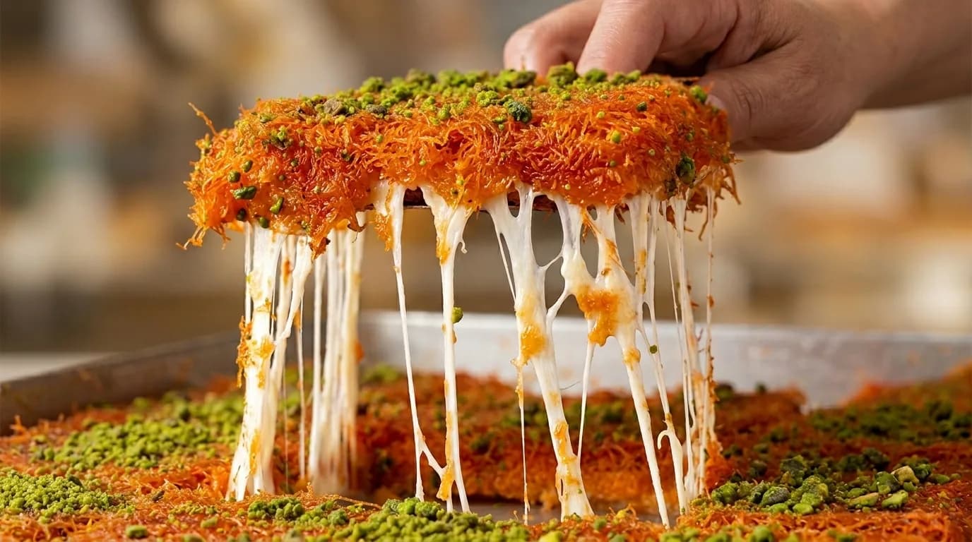 Fresh stretchy kanafeh topped with pistachio at Abu Zaid Sweets