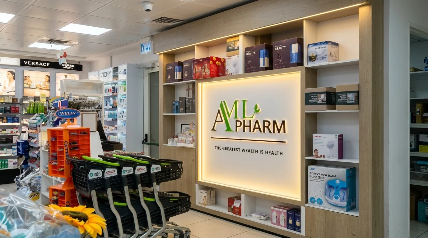 Main entrance and interior view of AML Pharmacy