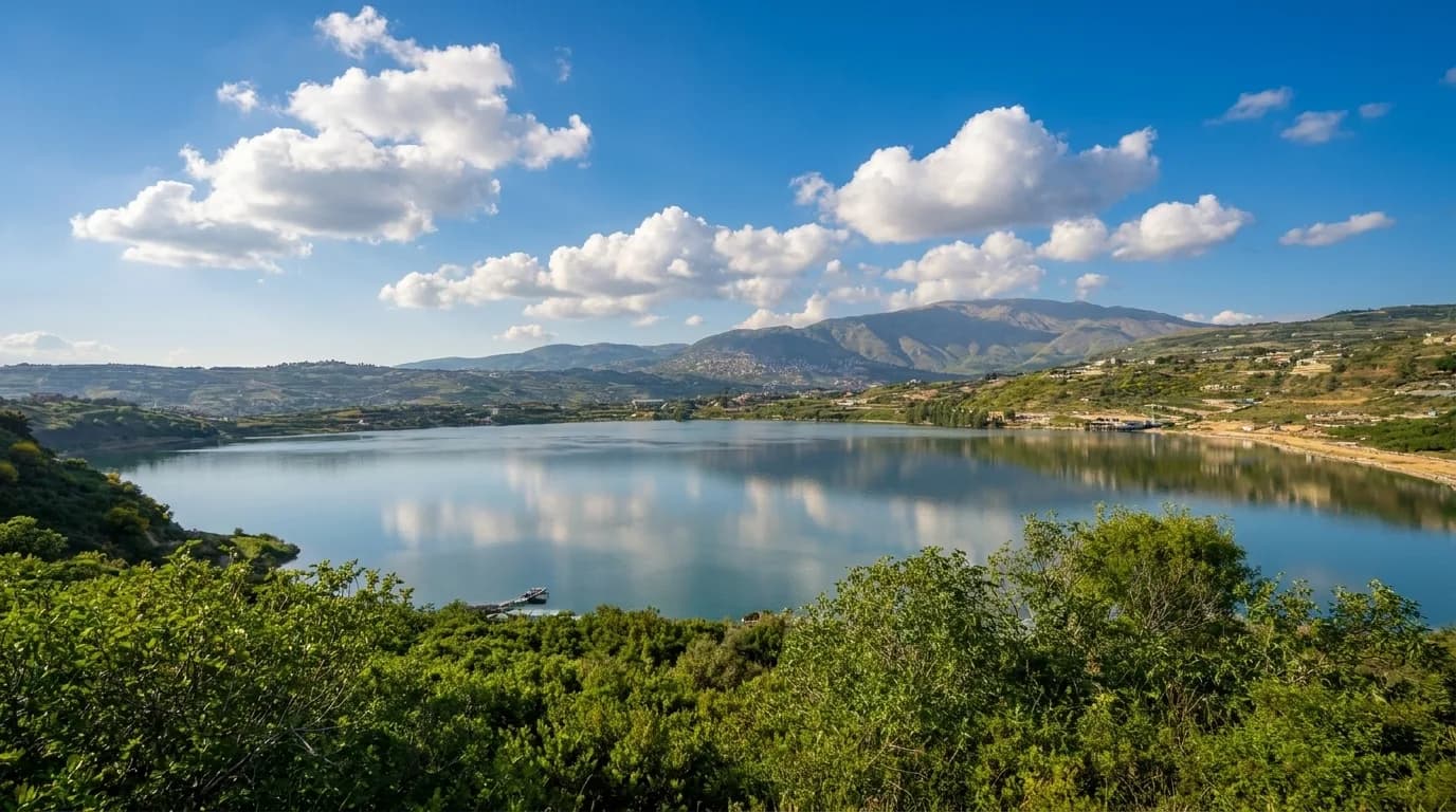 Panoramic view of Ram Lake surrounded by mountains and greenery
