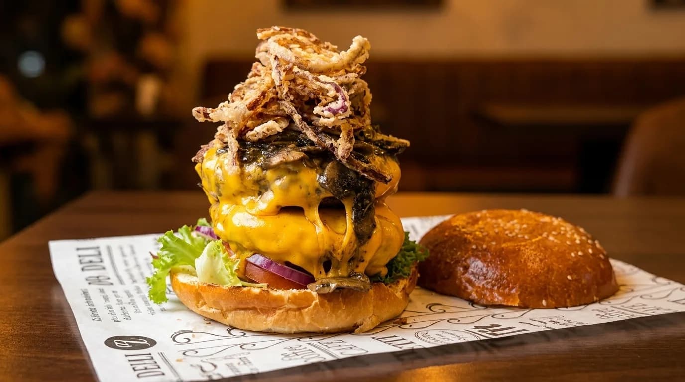 Cheeseburger with crispy fried onions served at 2Eat Restaurant