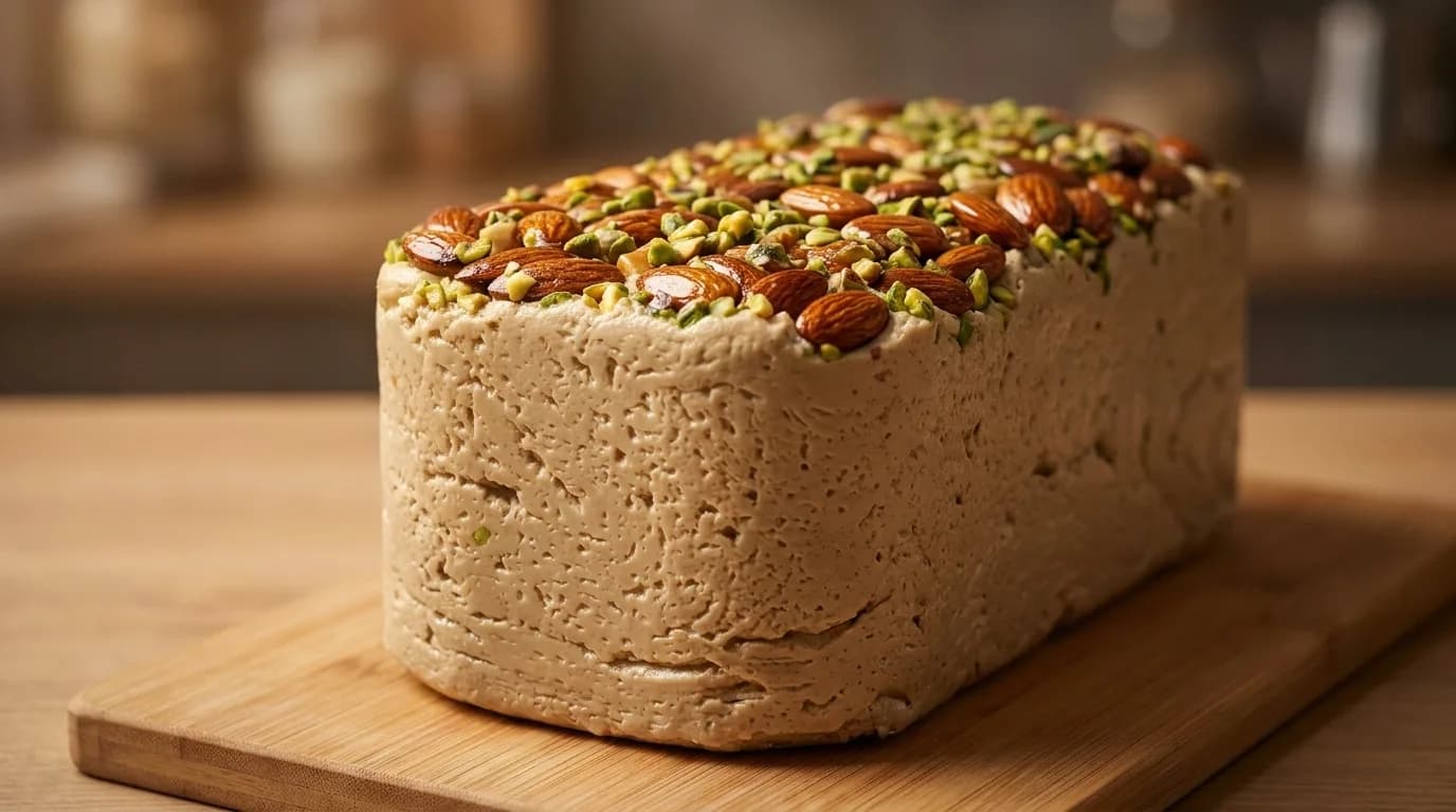 Traditional halva topped with pistachios and almonds at Bun Al-Sindian