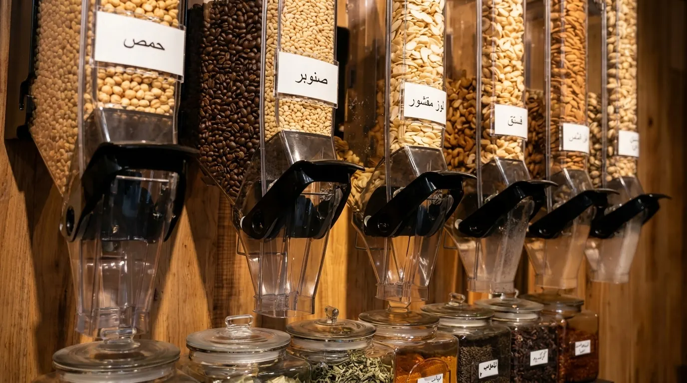 Spices, nuts, and legumes displayed in wooden dispensers at Bun Al-Sindian