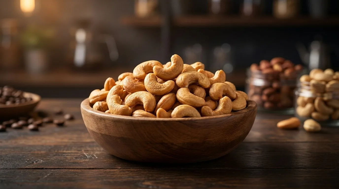 Fresh cashews served in a wooden bowl at Bun Al-Sindian
