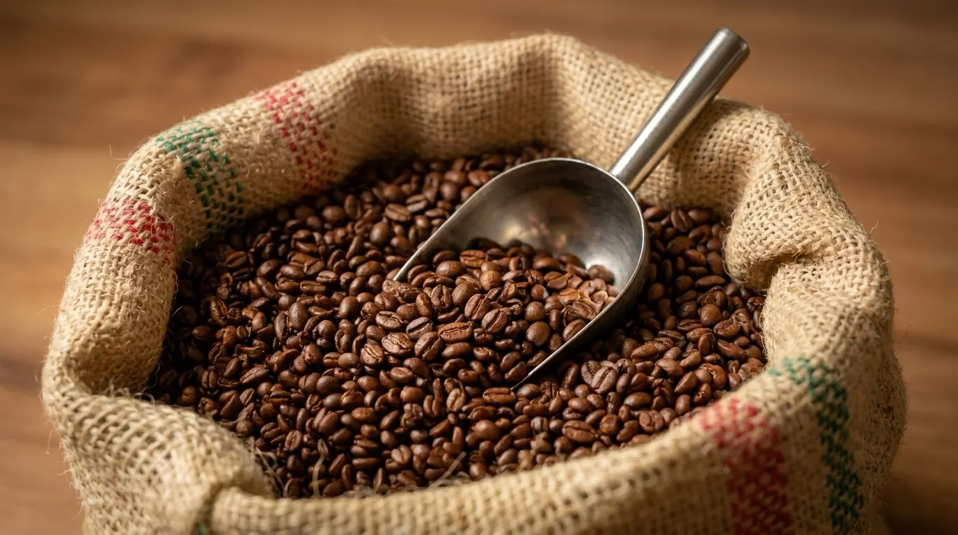 Roasted coffee beans in a burlap sack at Bun Al-Sindian