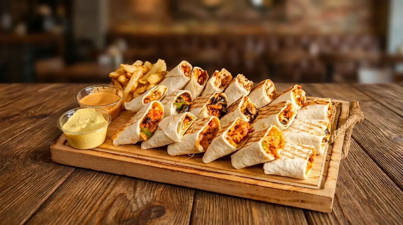 Fresh shawarma wraps served with fries and homemade sauces at Shawarma Shamia