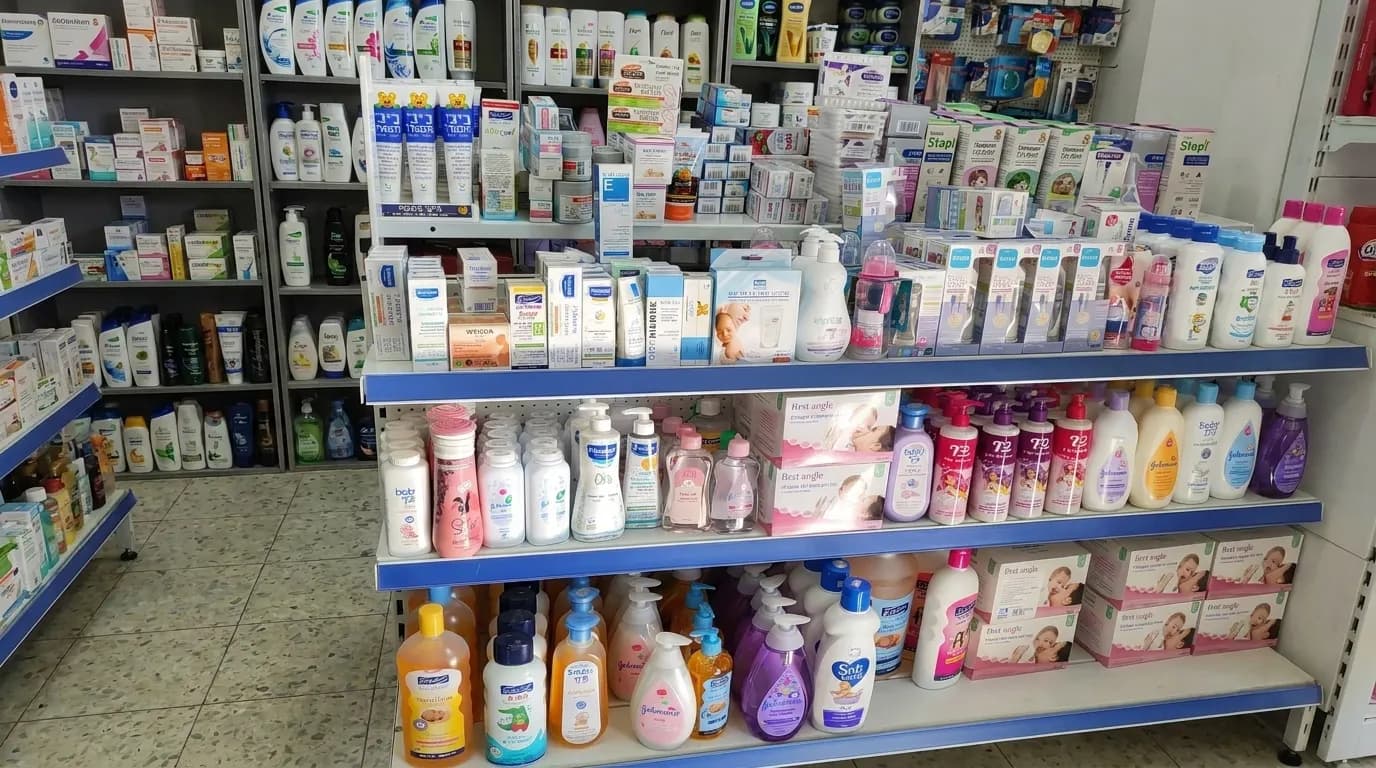 Pharmacy shelves stocked with medicines and personal care products