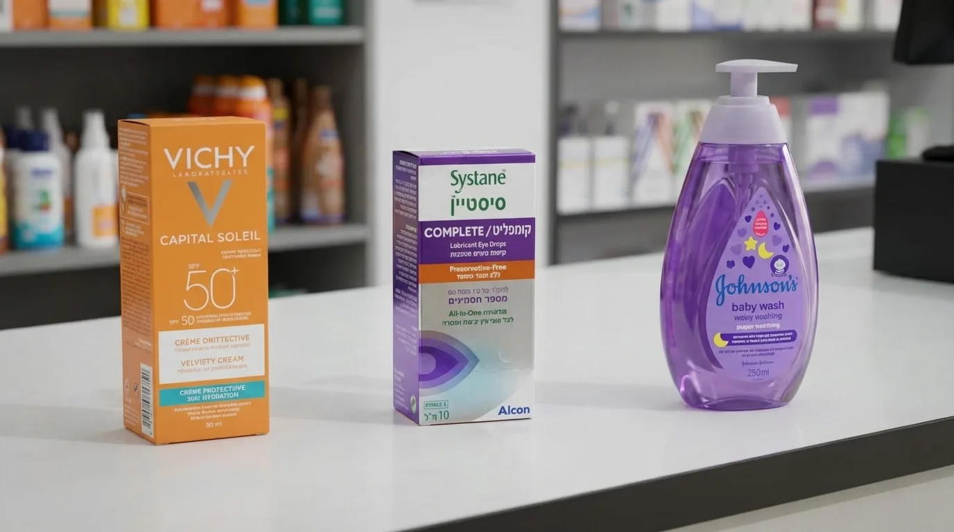 Eye-care, sunscreen, and personal care products displayed on a pharmacy counter