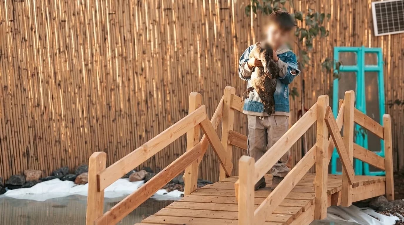 Child holding a small animal on a wooden bridge