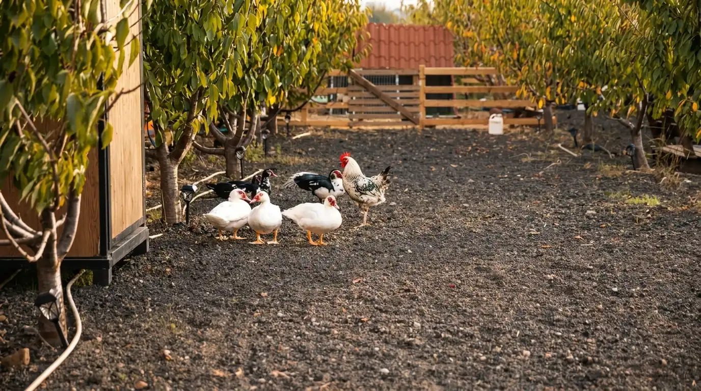 Ducks gathered in a fenced orchard area