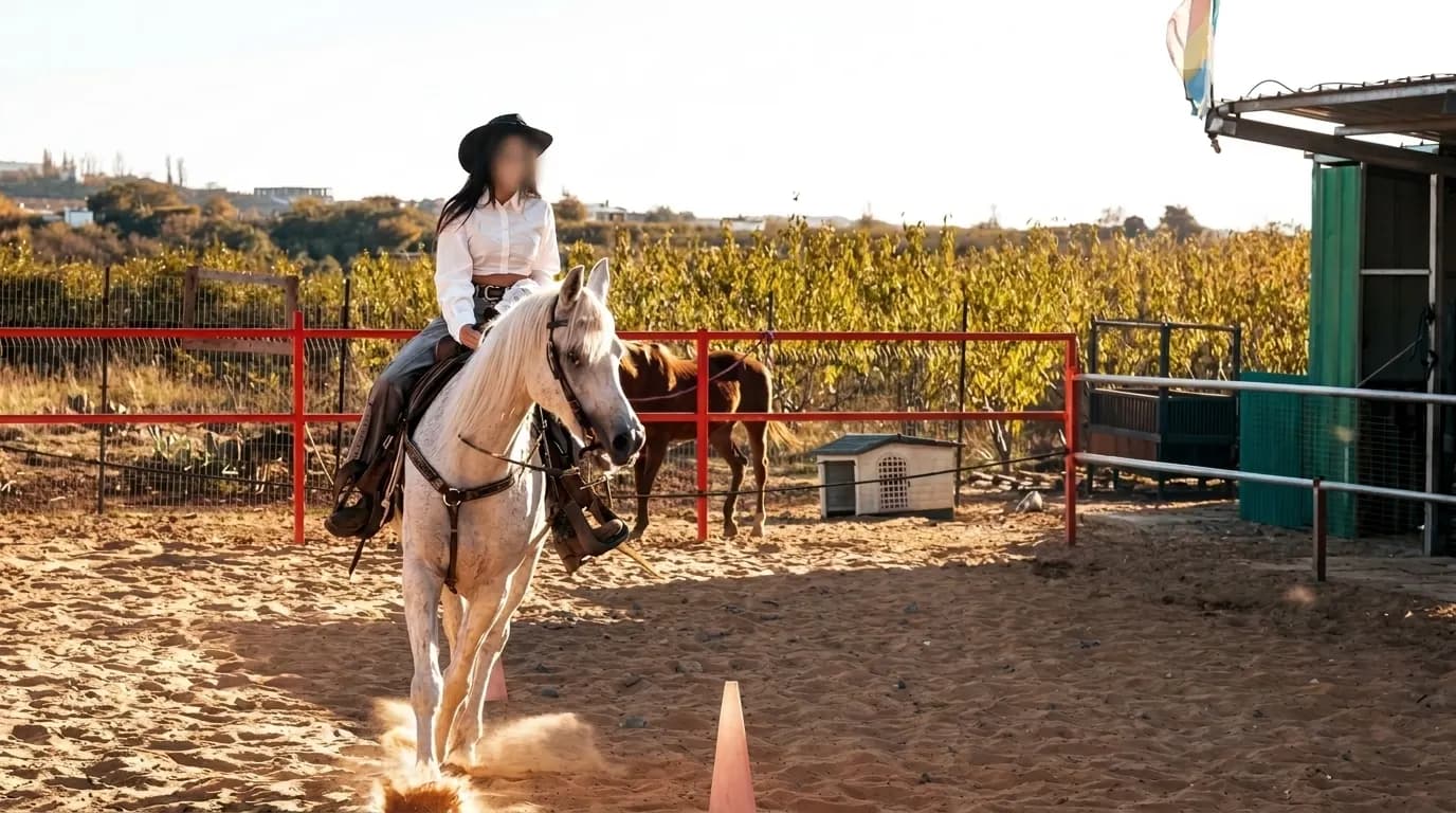 Rider on a light-colored horse in a riding arena