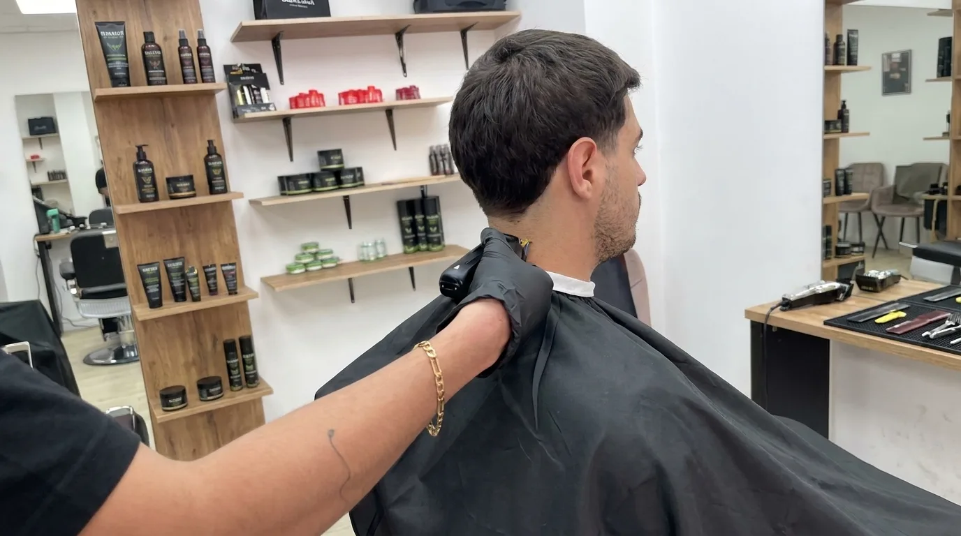 Barber trimming the back of a client’s hair inside a barber shop