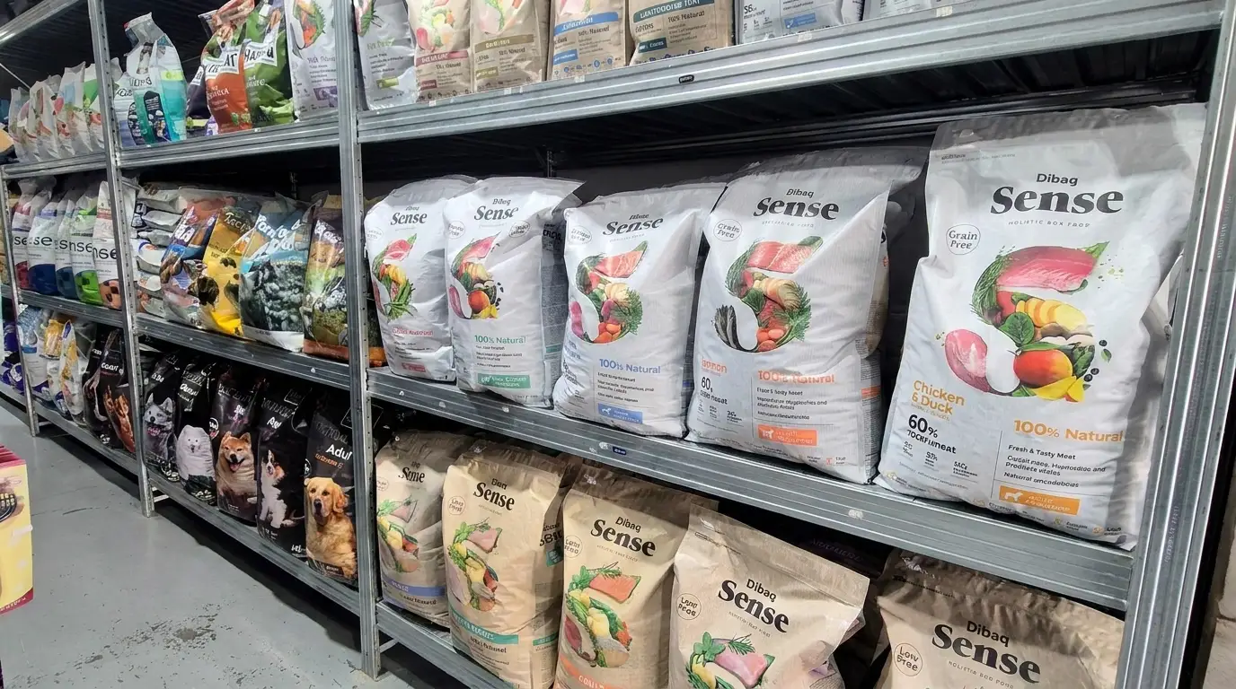 Pet food, bowls, and accessories displayed along a store aisle