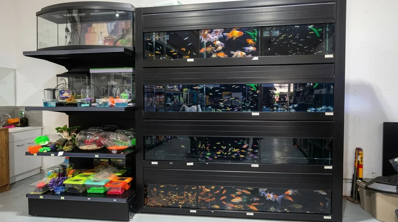Fish aquariums and aquarium supplies displayed inside the pet store