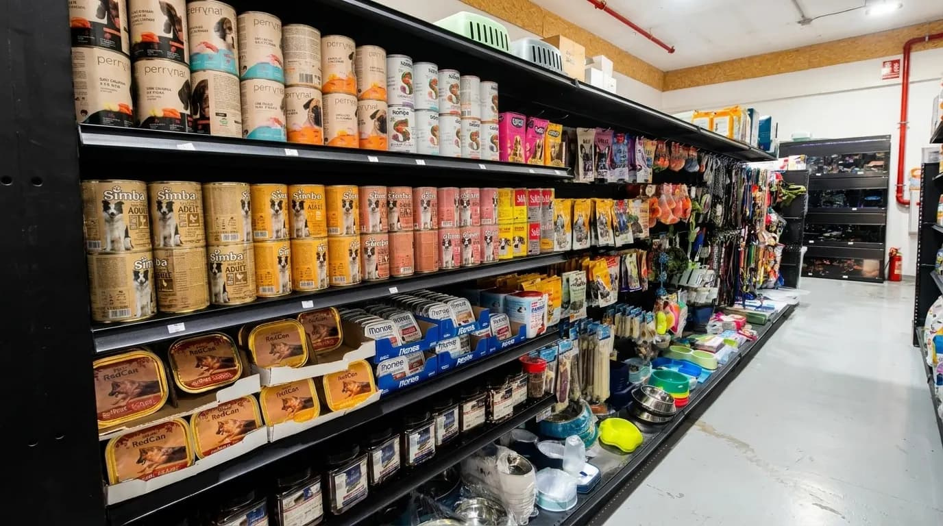 Large bags of pet food arranged on store shelves