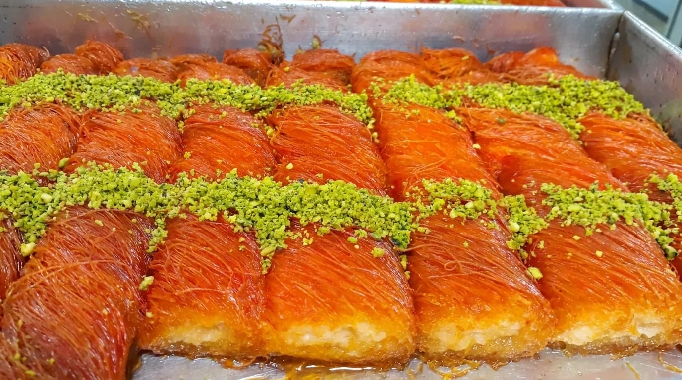 Tray of syrup-soaked pastries topped with pistachio at Bahaa Abu Zaid Sweets