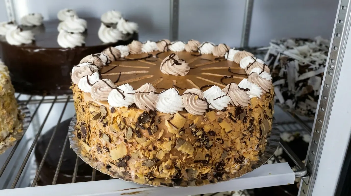 Chocolate cake decorated with cream at Bahaa Abu Zaid Sweets