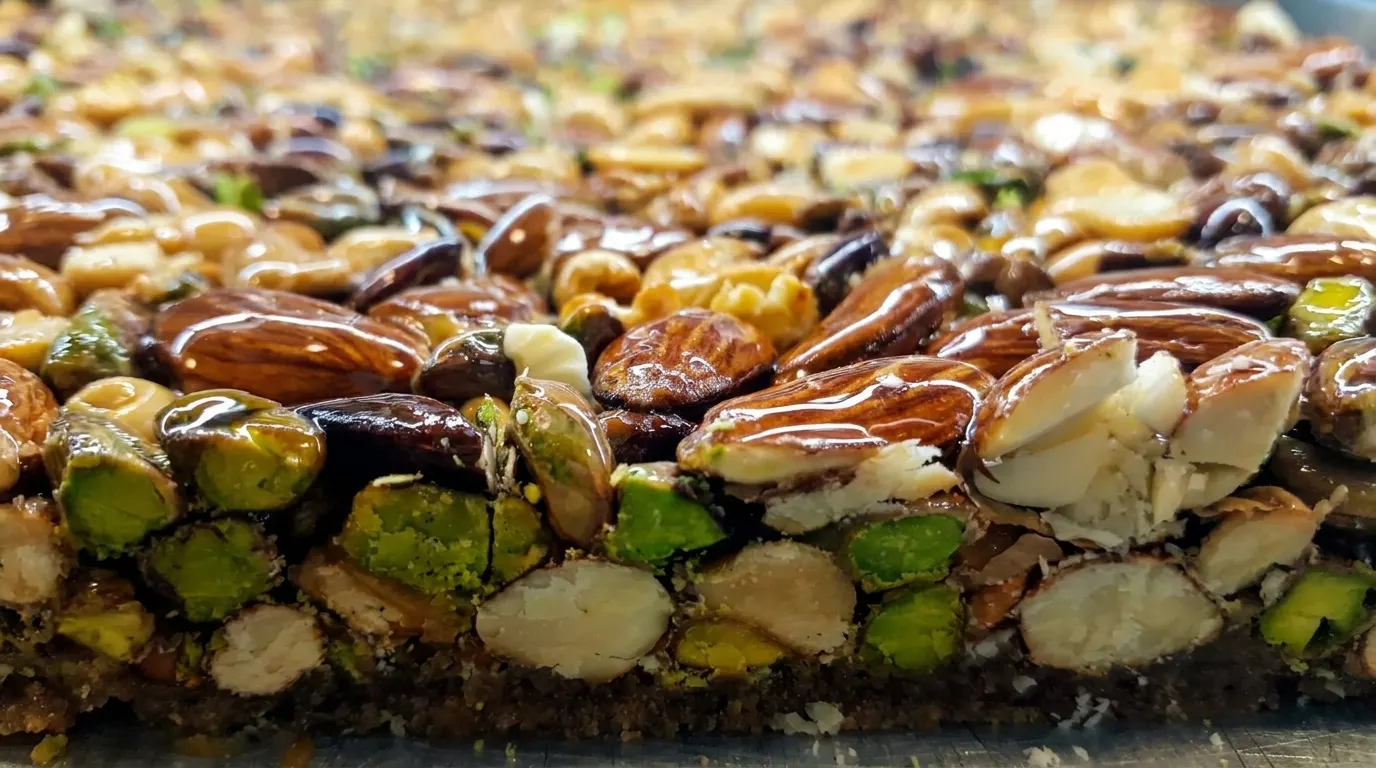 Assorted pistachio-filled sweets displayed at Bahaa Abu Zaid Sweets
