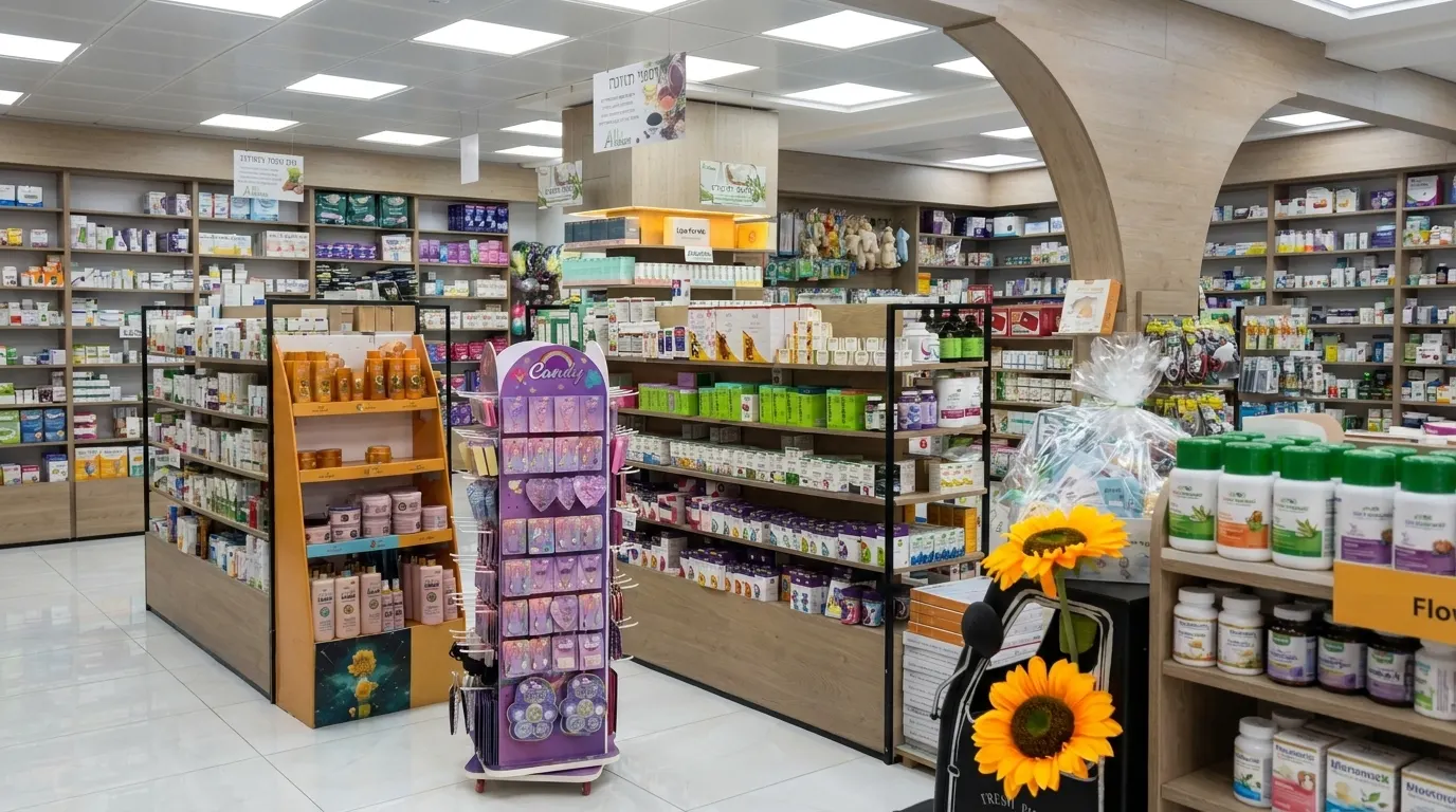 Wide interior view of product aisles inside AML Pharm