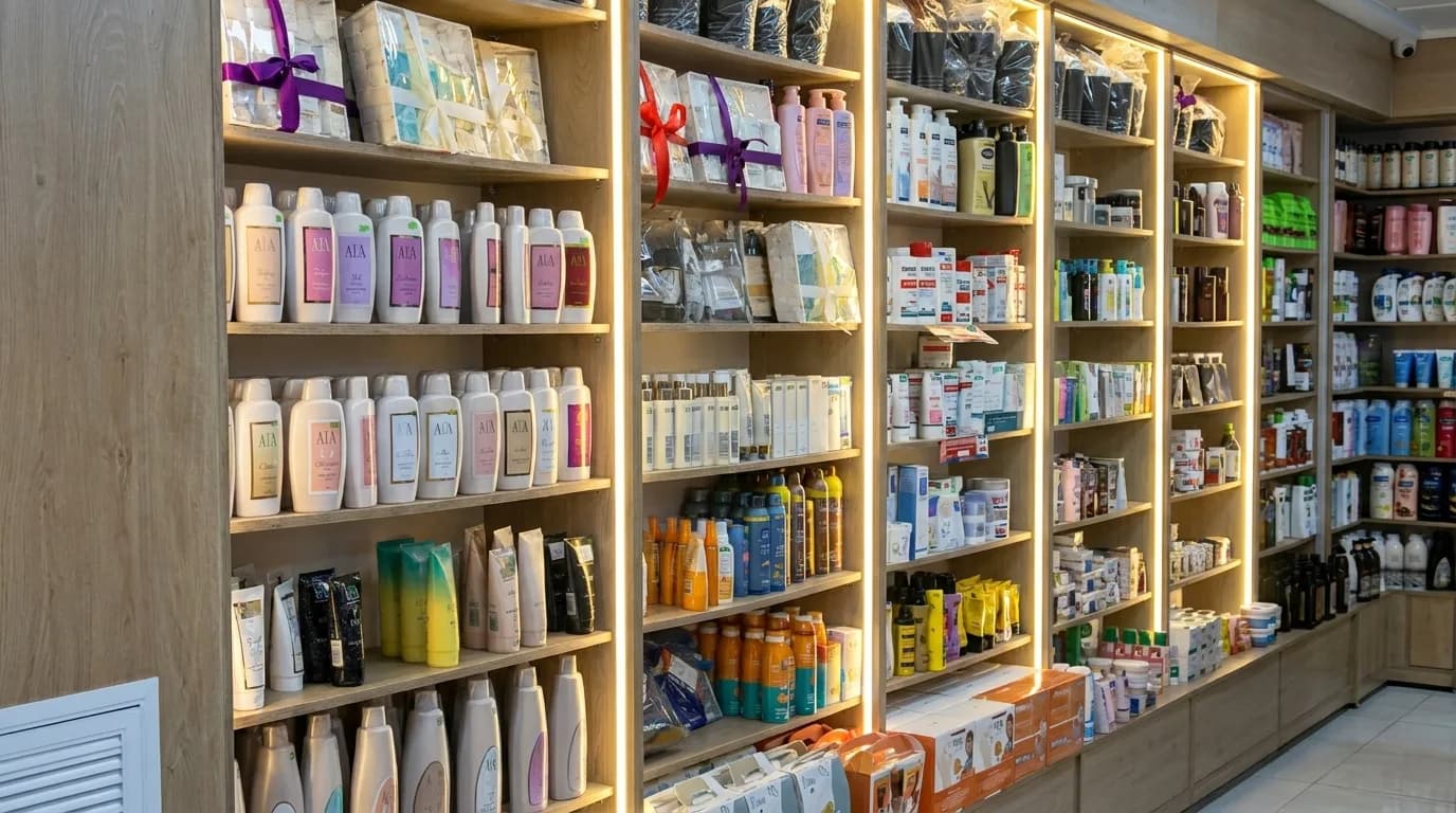 Illuminated shelves of personal-care products inside AML Pharm