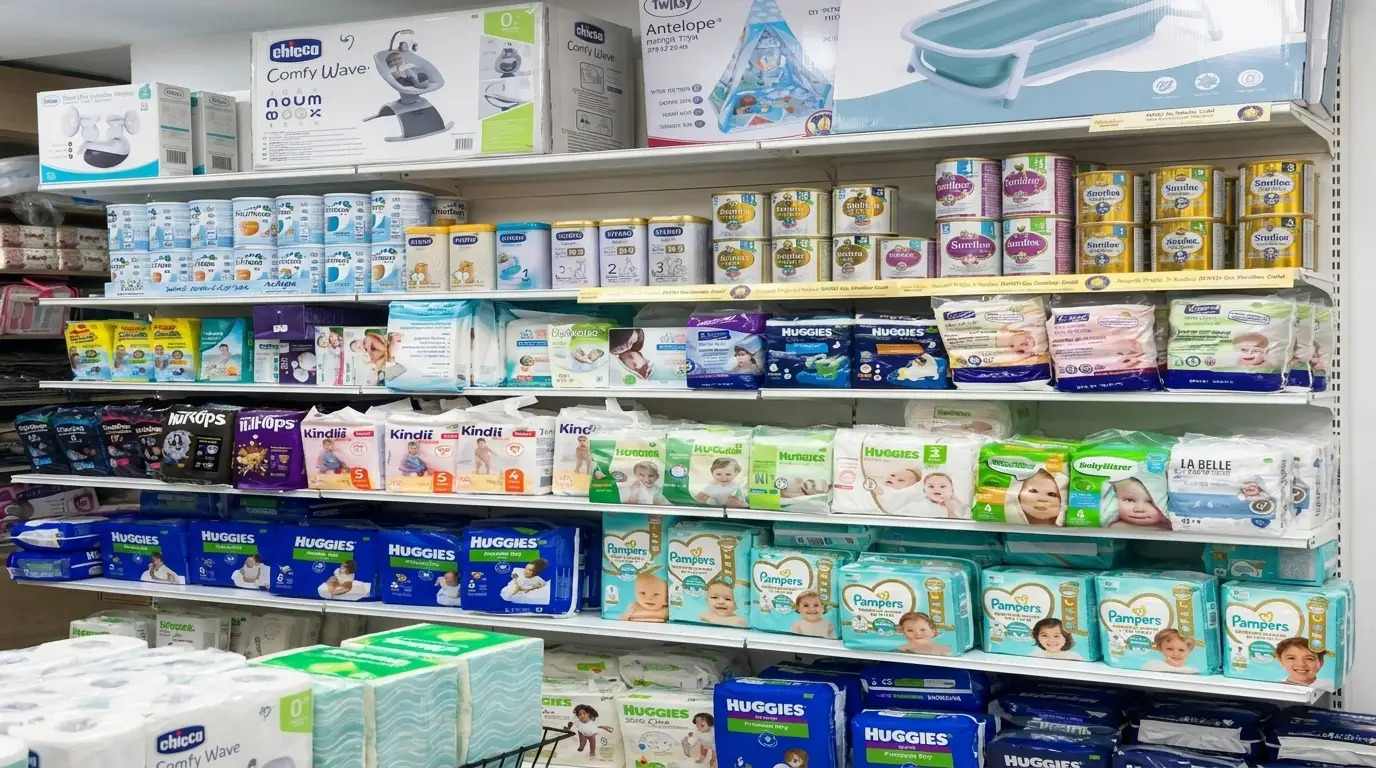 Shelves of baby products and health supplies at AML Pharm
