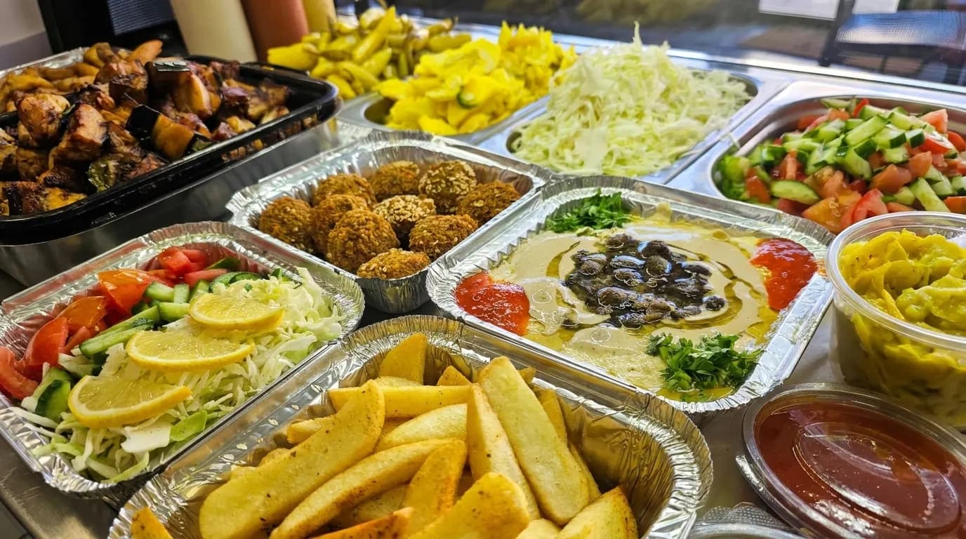 Falafel, hummus, fries, salads, and sauces displayed at Falafel HaGolan