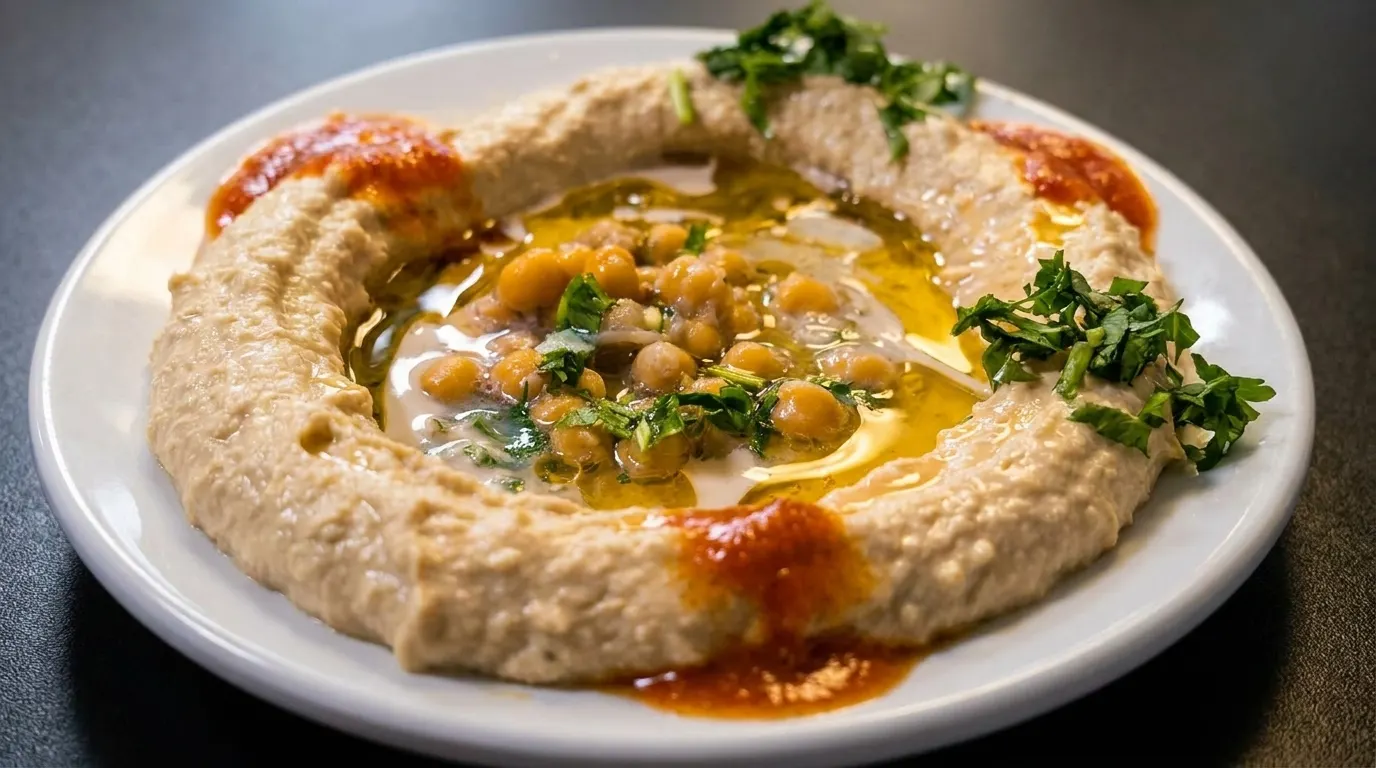 Hummus topped with chickpeas, herbs, and olive oil at Falafel HaGolan