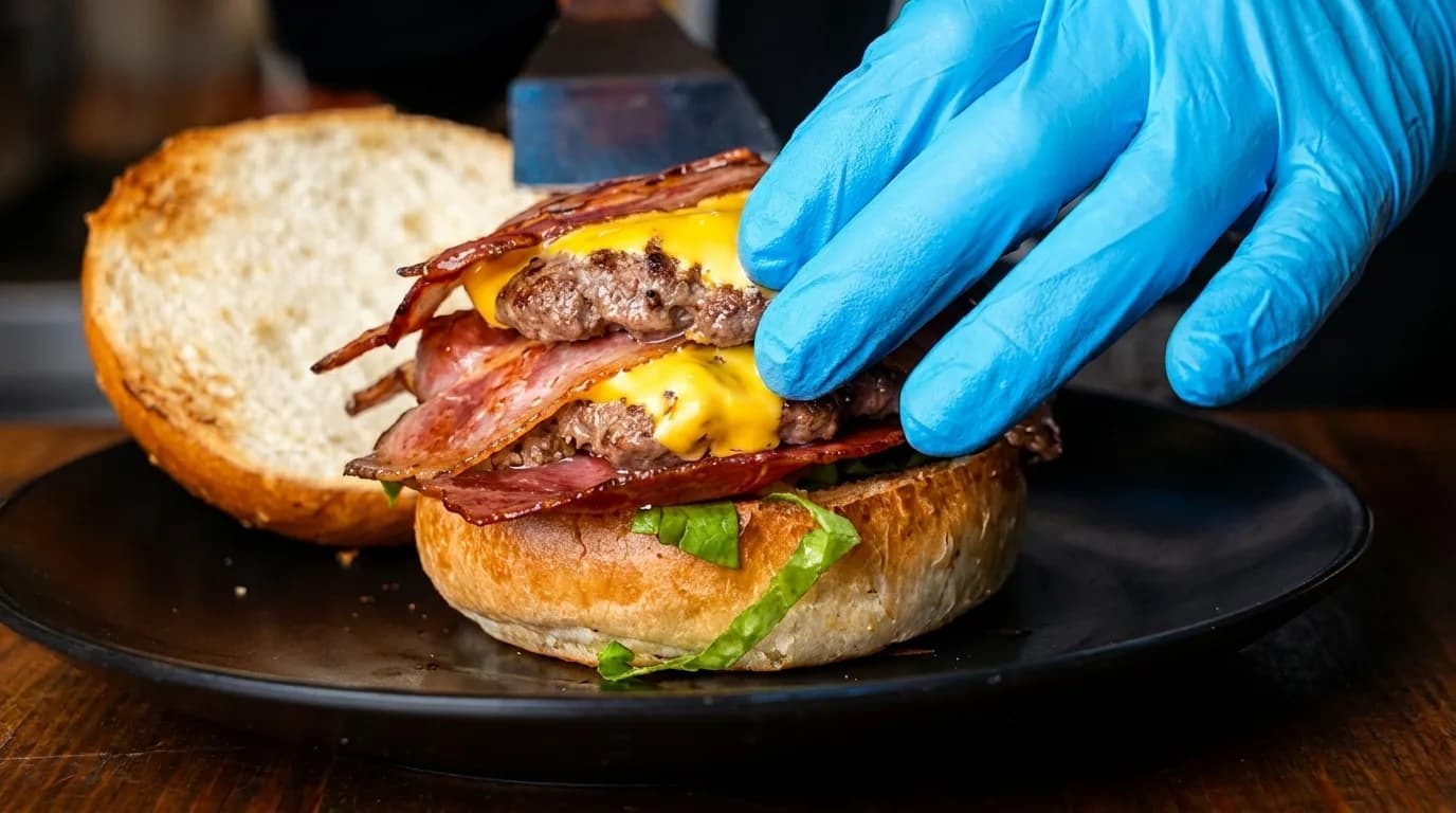 Burger being prepared with a gloved hand at Burger Place in Majdal Shams