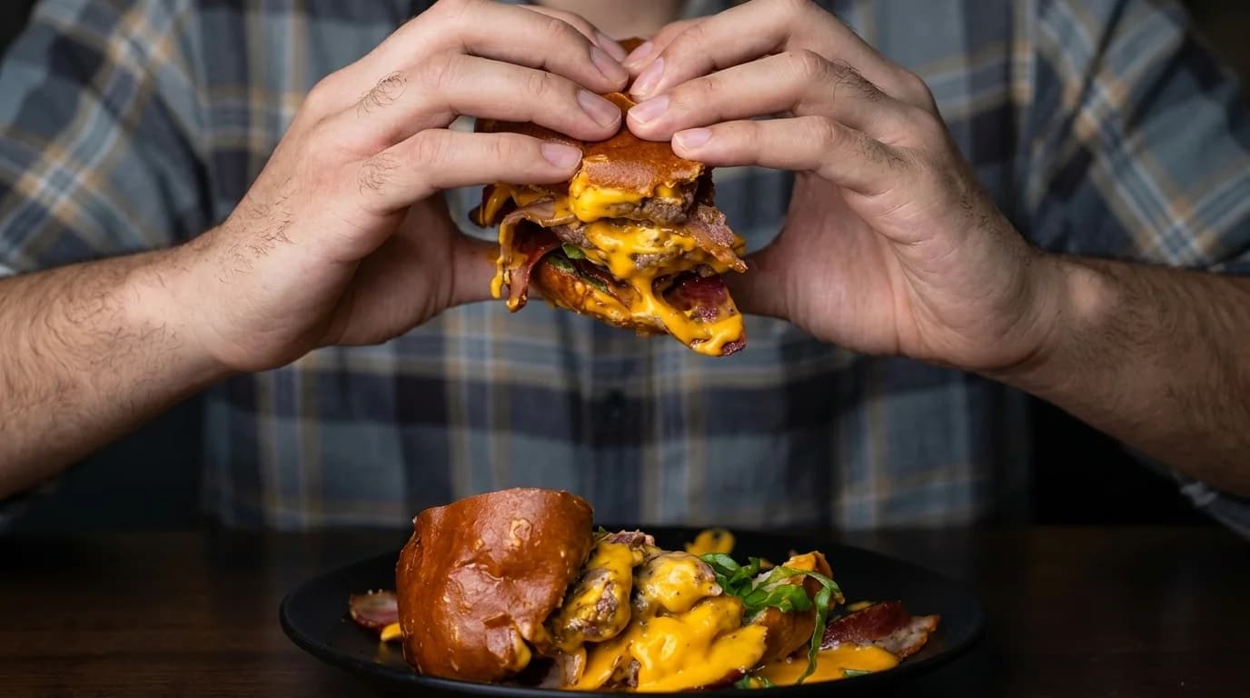 Close-up of a burger being held at Burger Place in Majdal Shams
