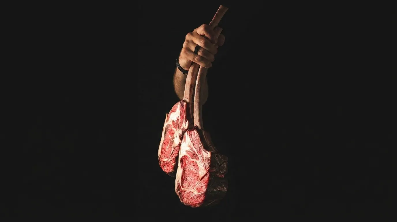 Large bone-in raw meat cut held in hand at Weam Khater Butcher Shop