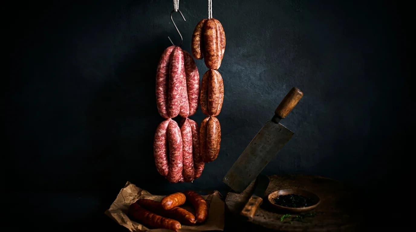 Hanging sausages in a styled product photo from Weam Khater Butcher Shop