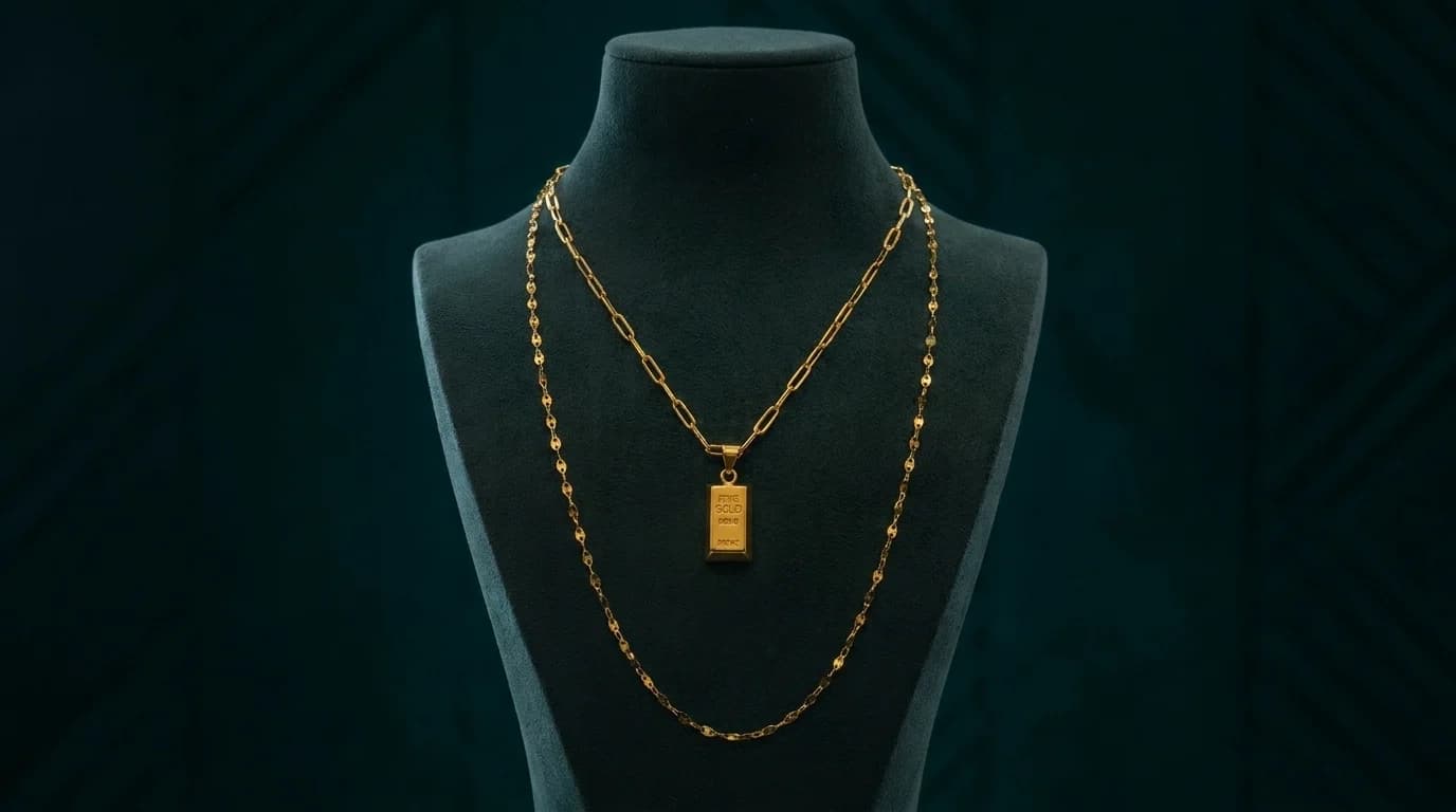 Layered gold necklaces displayed on a black bust at Golden Box