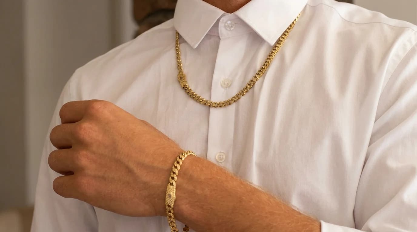 Gold chain and bracelet worn together in a Golden Box jewelry display