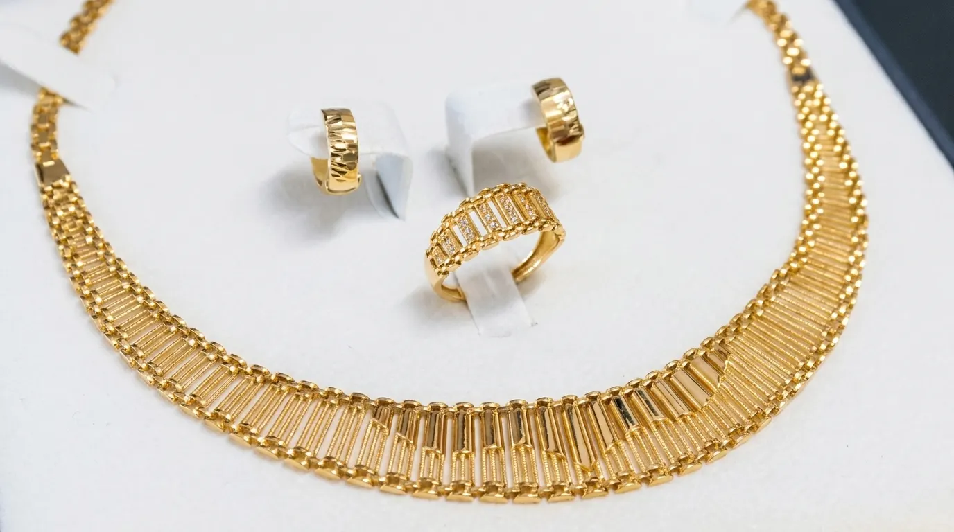 Matching gold necklace, earrings, and ring set displayed at Golden Box